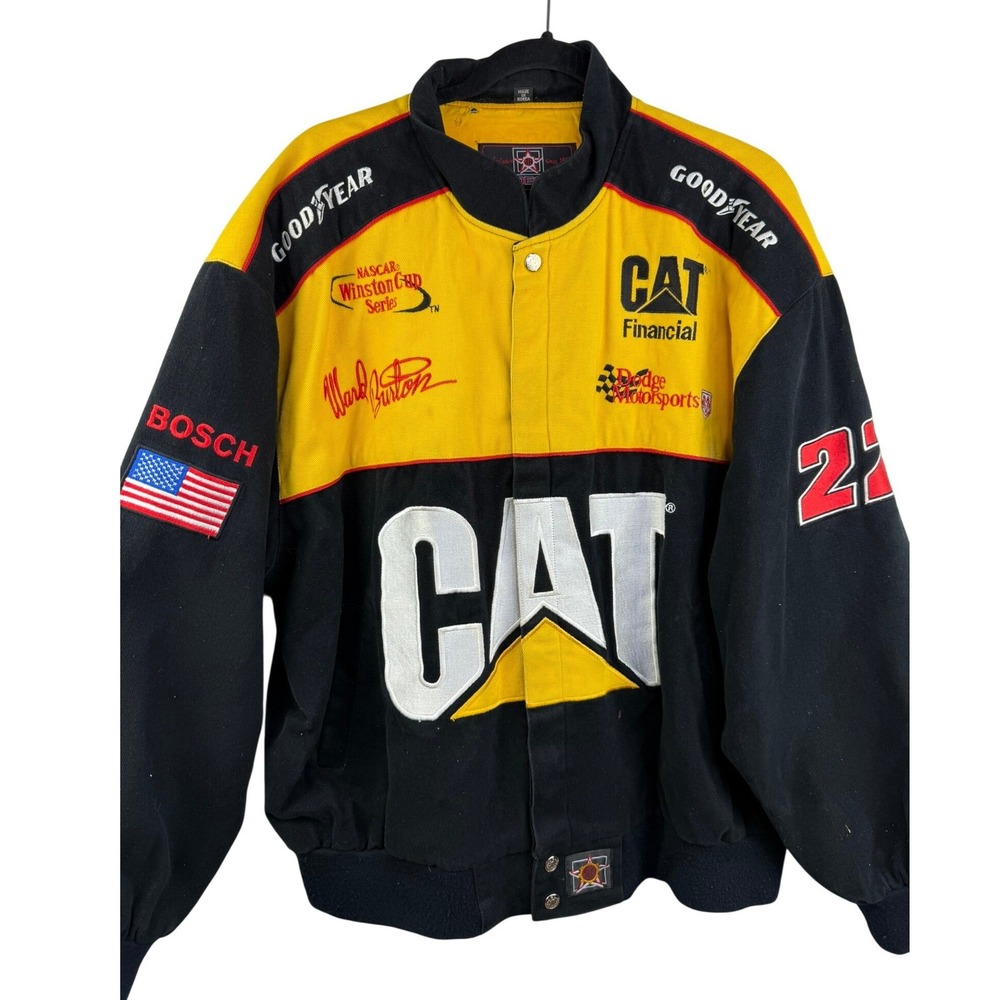 JH Design NASCAR Ward Burton CAT Racing Jacket Mens XL Black Yellow Twill Bomber